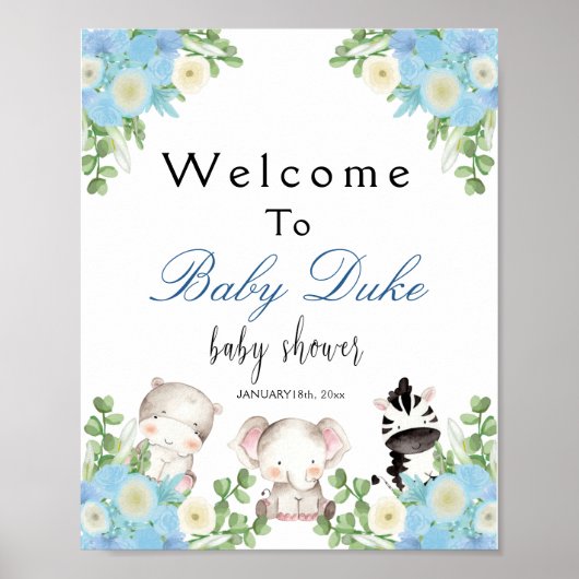 safari animals Blue Boy Baby shower Welcome Poster (Voorkant)