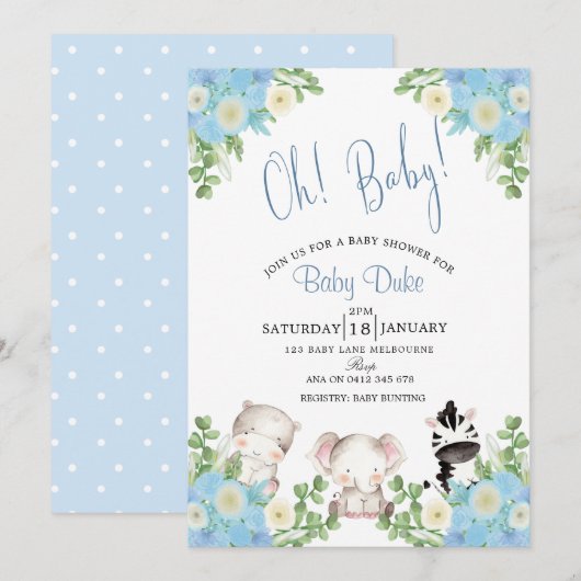 safari animals Blue Boy Shower-uitnodiging Kaart (Voorkant / Achterkant)