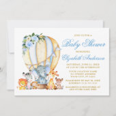 Safari Animals Blue Floral Air Ballon Baby shower Kaart (Voorkant)