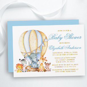 Safari Animals Blue Hot Air Ballon Baby shower Kaart