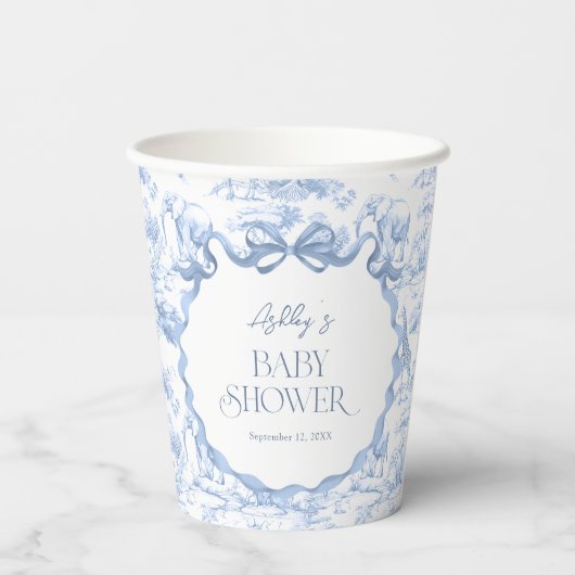 Safari Animals Blue Toile de Jouy Baby shower Papieren Bekers (Achterkant)