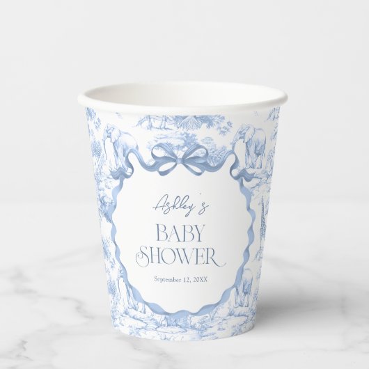Safari Animals Blue Toile de Jouy Baby shower Papieren Bekers (Voorkant)