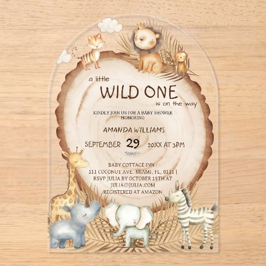 Safari Animals Boho Schattige Baby shower Acryl Uitnodigingen (Voorkant)