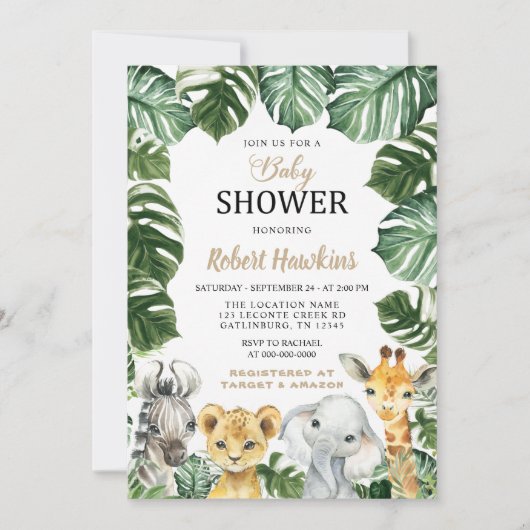 Safari Animals Boy Baby shower Invitation Kaart (Voorkant)