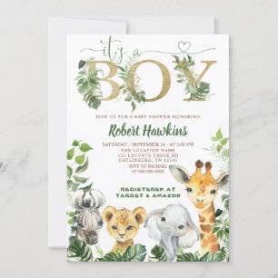 Safari Animals Boy Baby shower Invitation Kaart