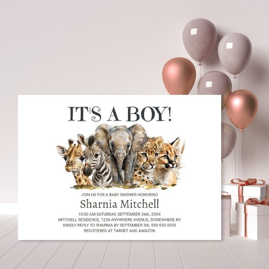 Safari Animals Boy Baby shower Kaart