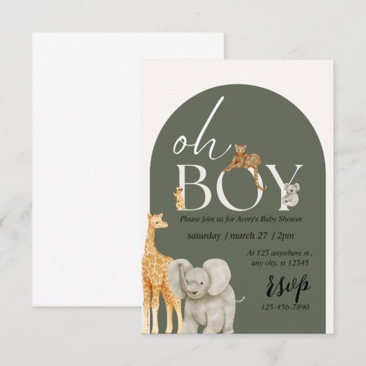 Safari Animals Boy Baby shower Uitnodiging (Voorkant / Achterkant)