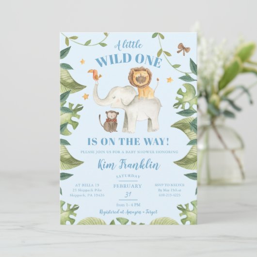 Safari Animals Boy Baby shower Wild Eén uitnodigin Kaart (Staand voorkant)