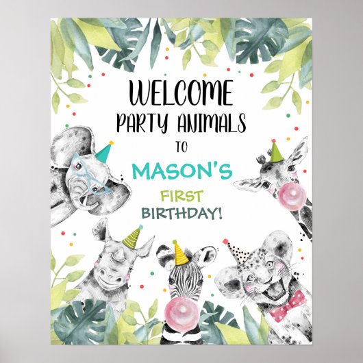 Safari Animals Boy Birthday Welcome Table Sign Poster (Voorkant)