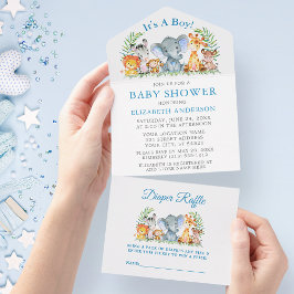 Safari Animals Boy Blue Baby shower en Raffle All In One Uitnodiging