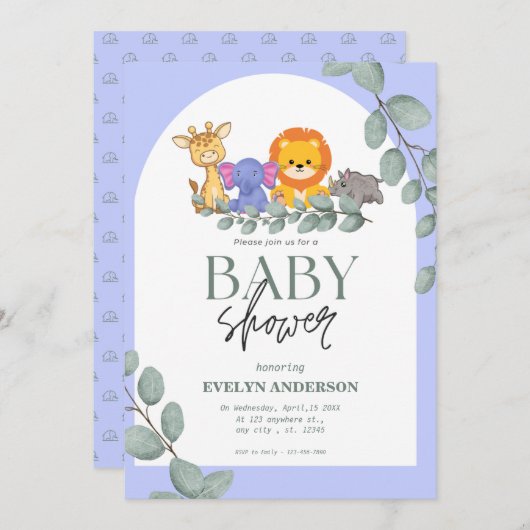 Safari Animals Boy Blue Baby shower Kaart (Voorkant / Achterkant)