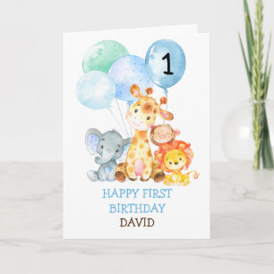 Safari Animals Boy Fist Birthday Cute 1st Birthday Kaart