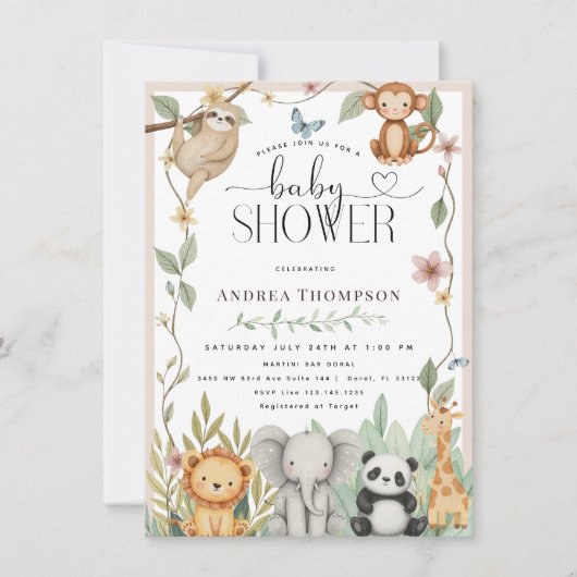 Safari Animals Calligraphy Boho Baby shower Invita Kaart (Voorkant)