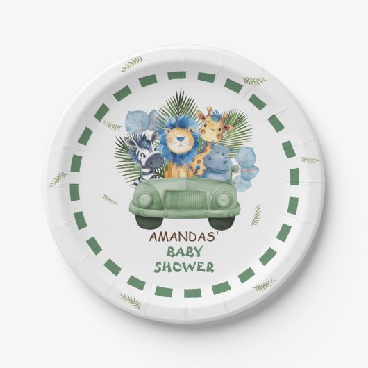 Safari Animals Car Boy Baby shower Papieren Bordje (Voorkant)