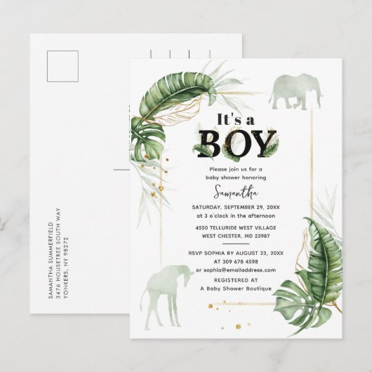 Safari Animals Elephant Boy Baby shower Uitnodiging Briefkaart (Voorkant / Achterkant)