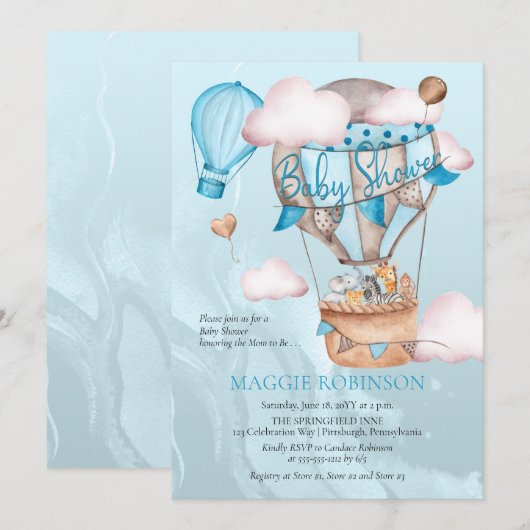 Safari Animals en Balloons Blue Boy Baby shower Kaart (Voorkant / Achterkant)