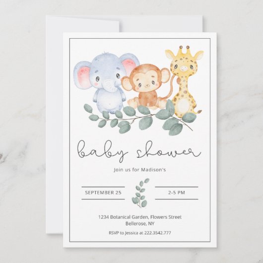 Safari Animals en Greenery Baby shower Kaart (Voorkant)