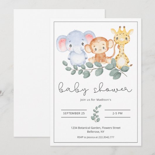 Safari Animals en Greenery Baby shower Kaart (Voorkant / Achterkant)