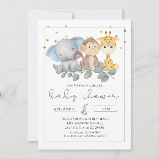 Safari Animals en Greenery Baby shower Kaart (Voorkant)