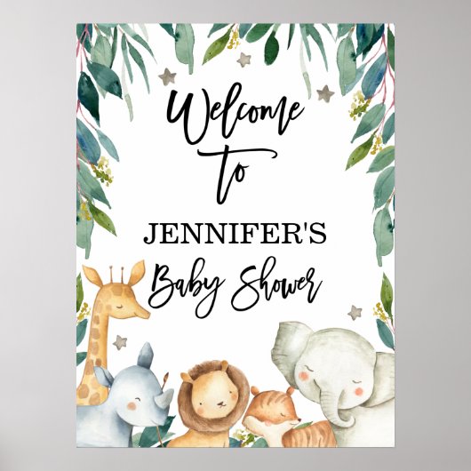 Safari Animals en Greenery Welcome Baby shower Poster (Voorkant)