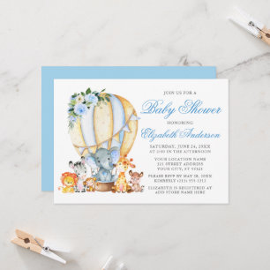 Safari Animals Floral Air Ballon Blue Baby shower Kaart