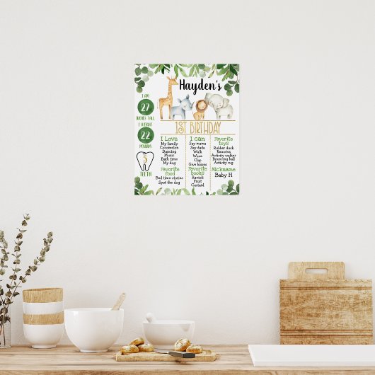 Safari Animals Foilage 1st Birthday Milestone Poster (Keuken)