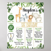 Safari Animals Foilage 1st Birthday Milestone Poster (Voorkant)