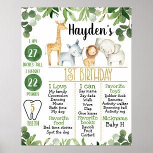 Safari Animals Foilage 1st Birthday Milestone Poster