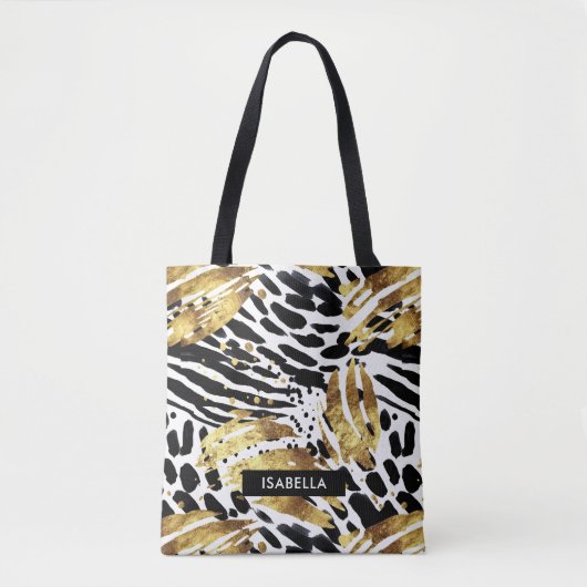 Safari Animals' Fur Prints Patterns Goud en Zwart Tote Bag (Voorkant)