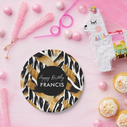 Safari Animals' Fur Prints Patterns Zwart en Goud Papieren Bordje (Feest)