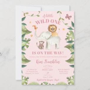 Safari Animals Girl Baby shower Wild One Kaart