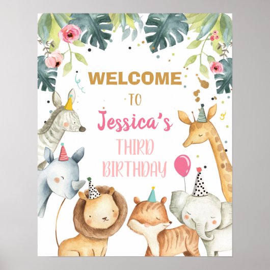 Safari Animals Girl Birthday Welkomstbord Poster (Voorkant)