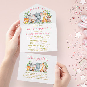 Safari Animals Girl Pink Baby shower en Books All In One Uitnodiging