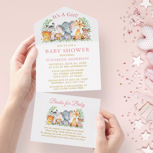 Safari Animals Girl Pink Baby shower en Books All In One Uitnodiging