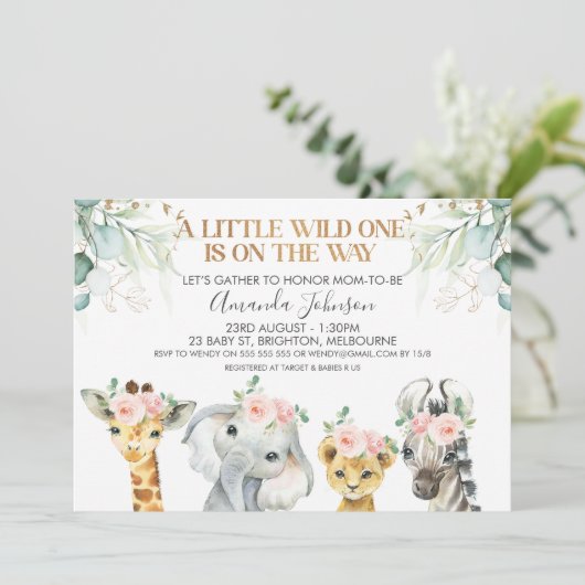 Safari Animals Gold Foliage Baby shower Invitation Kaart (Staand voorkant)