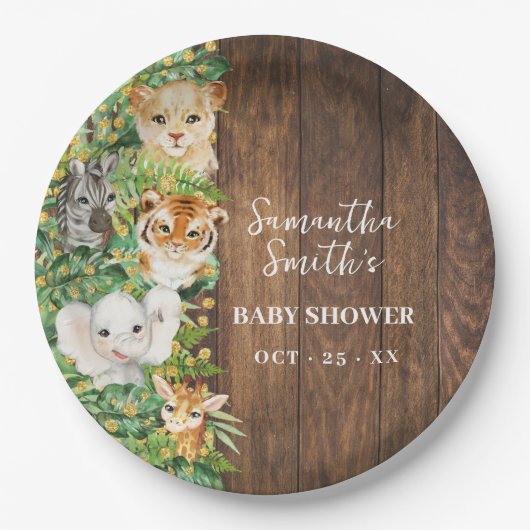 Safari Animals Gold Glitter Rustiek Baby shower Papieren Bordje (Voorkant)
