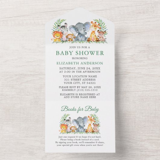 Safari Animals Green Baby shower en Books All In One Uitnodiging (Binnen)