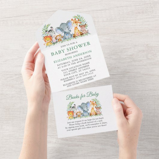 Safari Animals Green Baby shower en Books All In One Uitnodiging (Afscheurbaar)