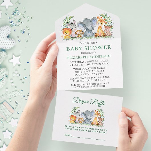 Safari Animals Green Baby shower en Raffle All In One Uitnodiging
