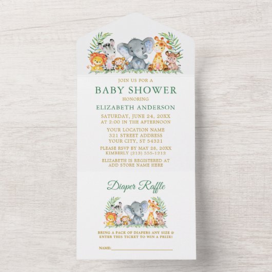 Safari Animals Green Baby shower en Raffle Gold All In One Uitnodiging (Binnen)