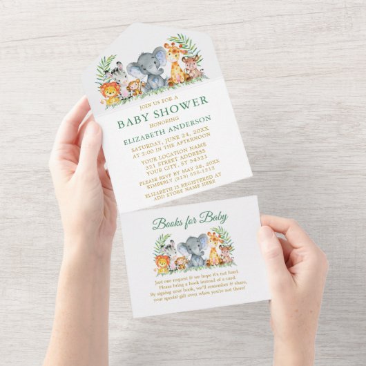 Safari Animals Green Gold Baby shower en Books All In One Uitnodiging (Afscheurbaar)