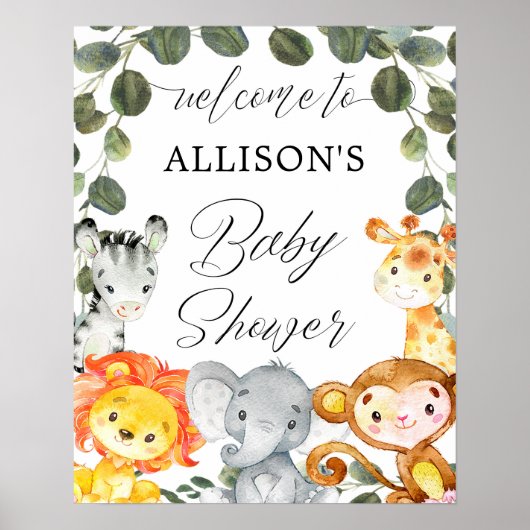 Safari animals greenery baby shower Welcome sign Poster (Voorkant)