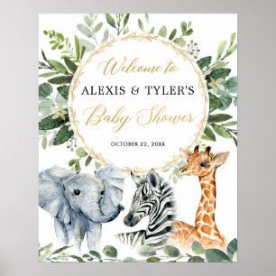 Safari animals greenery baby shower Welcome sign Poster