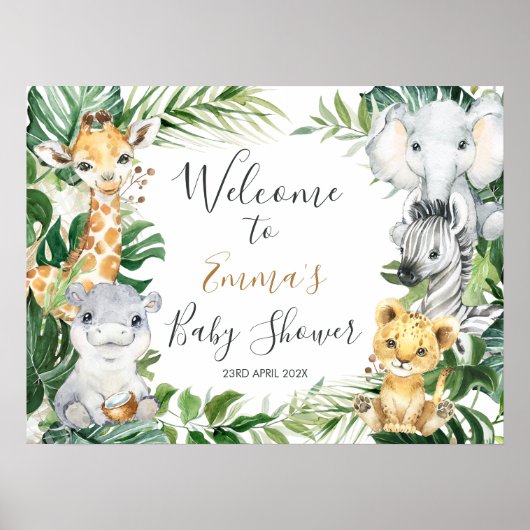 Safari Animals Greenery Baby shower Welkomstbord Poster (Voorkant)