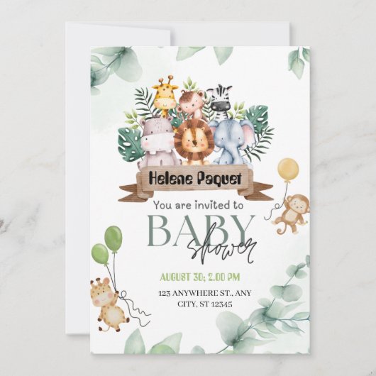 Safari Animals Greenery & Eucalyptus Baby shower Kaart (Voorkant)