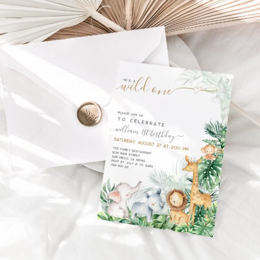 Safari Animals Greenery Wild One Boy 1st Birthday Kaart