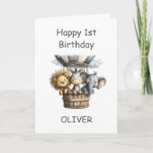 Safari Animals in Hot Air Balloon 1st Birthday Kaart (Voorkant)