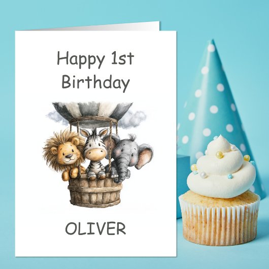 Safari Animals in Hot Air Balloon 1st Birthday Kaart