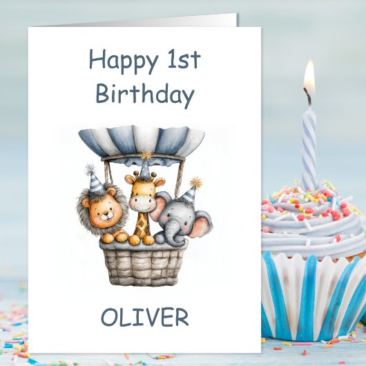 Safari Animals in Hot Air Balloon 1st Birthday Kaart