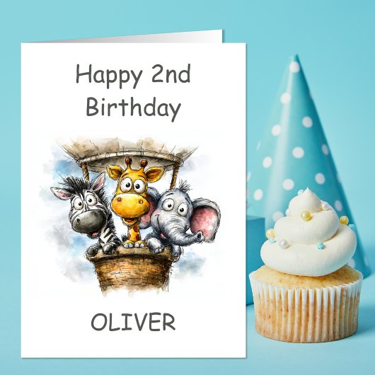 Safari Animals in Hot Air Balloon 2nd Birthday Kaart